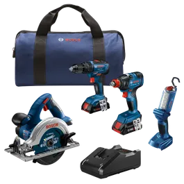 Scie circulaire Bosch CCS180 6 1/2", perceuse-visseuse GSB18V-490, boulonneuse à chocs GDX18V-1800HD, lampe de travail GLI18V-300, chargeur et sac de transport bleu.