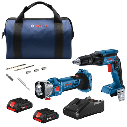 Sac fourre-tout bleu Bosch, perceuse Bosch GTB18V-45 HD, outil GCU18V-30, batteries CORE18V et accessoires.