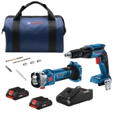 Sac fourre-tout bleu Bosch, perceuse Bosch GTB18V-45 HD, outil GCU18V-30, batteries CORE18V et accessoires.