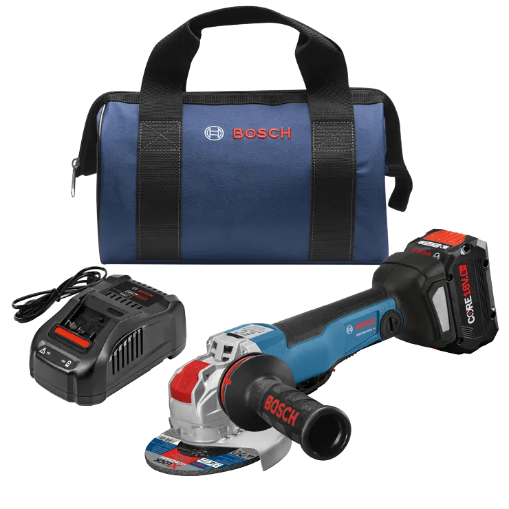 Bosch GWX18V-50PC HD meuleuse d'angle avec batterie CORE18V 8 Ah, chargeur et sac bleu avec logo "BOSCH".