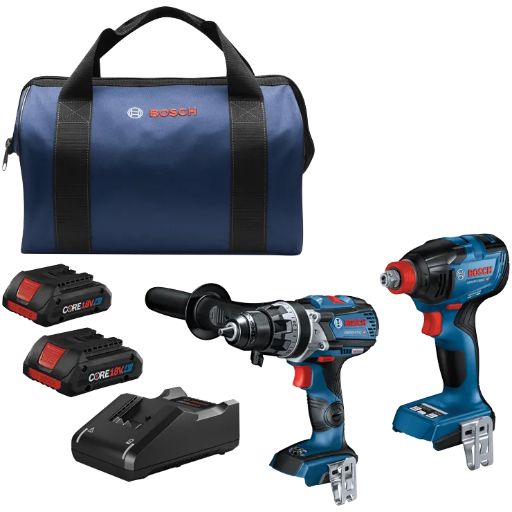 Perfeito. Aqui está a tradução:

Perceuse Bosch GSB18V-975C et GDX18V-1860CH, batteries CORE18V et chargeur, et un sac à outils Bosch.