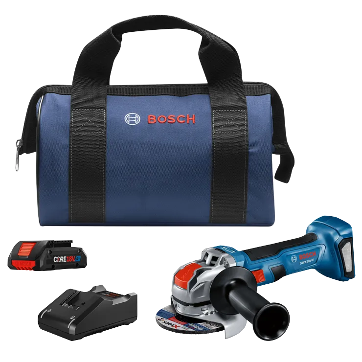 Bosch GWX18V-8 meuleuse sans fil, batterie Bosch CORE18V 4 Ah, chargeur et sac bleu avec le logo Bosch.