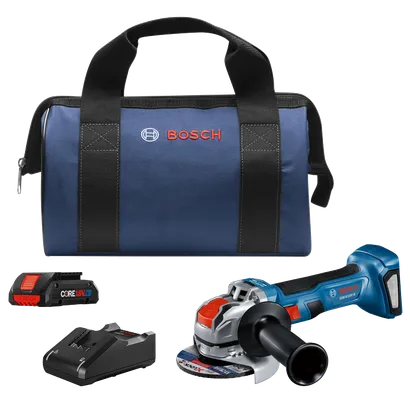 Bosch GWX18V-8 meuleuse sans fil, batterie Bosch CORE18V 4 Ah, chargeur et sac bleu avec le logo Bosch.