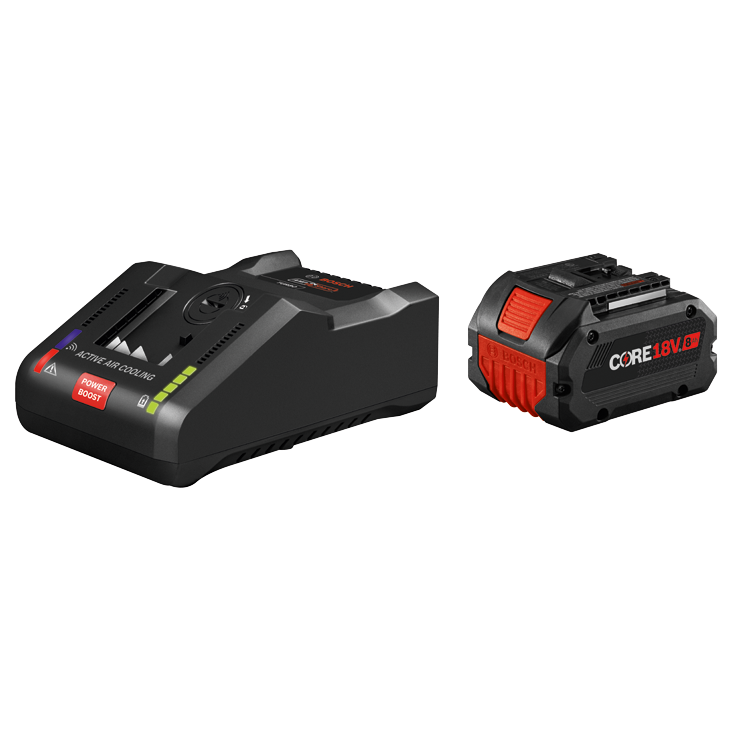 Chargeur de batterie Bosch avec REFROIDISSEMENT À AIR ACTIF et POWER BOOST, et batterie CORE18V 8Ah.