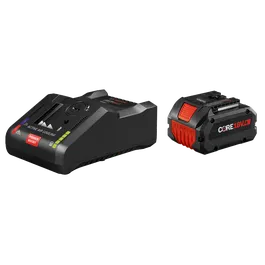 Chargeur de batterie Bosch avec REFROIDISSEMENT À AIR ACTIF et POWER BOOST, et batterie CORE18V 8Ah.