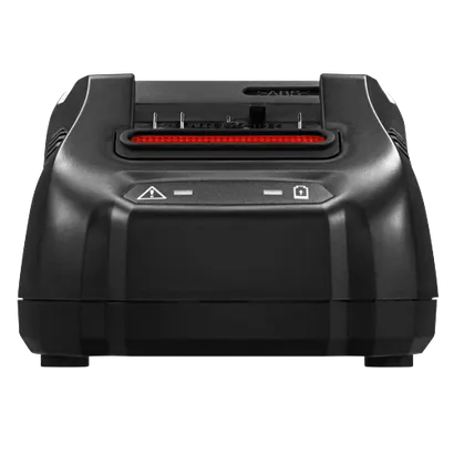 Chargeur de batterie noir avec texte visible "PAG6G(25-TPE<" et icônes d'avertissement et de batterie.