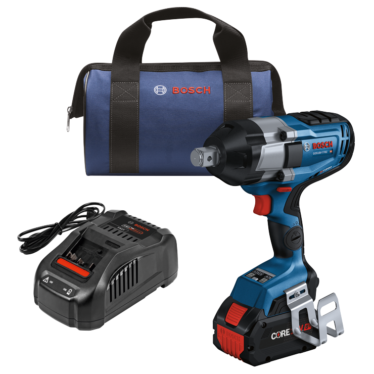 Bosch GDS18V-770C HD clé à chocs, chargeur et sac. La clé à chocs porte l'inscription "BITURBO BRUSHLESS".