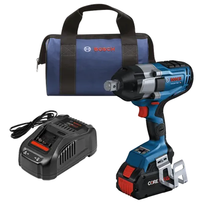Bosch GDS18V-770C HD clé à chocs, chargeur et sac. La clé à chocs porte l'inscription "BITURBO BRUSHLESS".