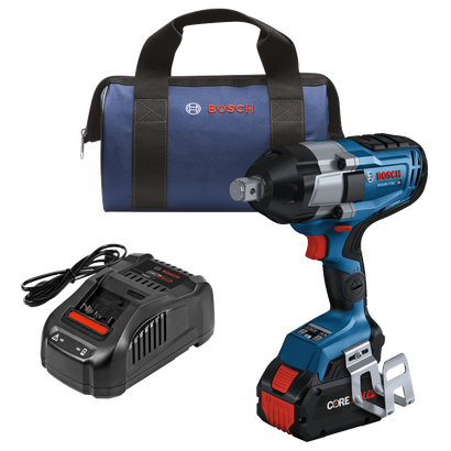 Bosch GDS18V-770C HD clé à chocs, chargeur et sac. La clé à chocs porte l'inscription "BITURBO BRUSHLESS".
