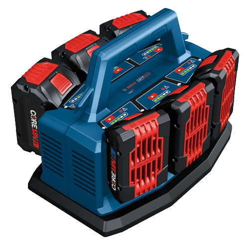 Chargeur de batterie Bosch CORE 18V avec batteries, « AILETTES DE REFROIDISSEMENT » et « RAPIDE ».