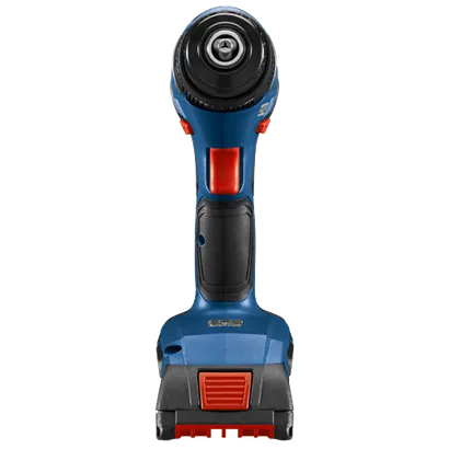 Perceuse sans fil Bosch avec boîtier bleu et noir et touches de rouge.