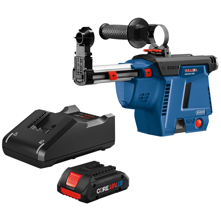 Bosch BULLDOG GDE18V-26D, batterie CORE18V 4Ah, chargeur et accessoires.