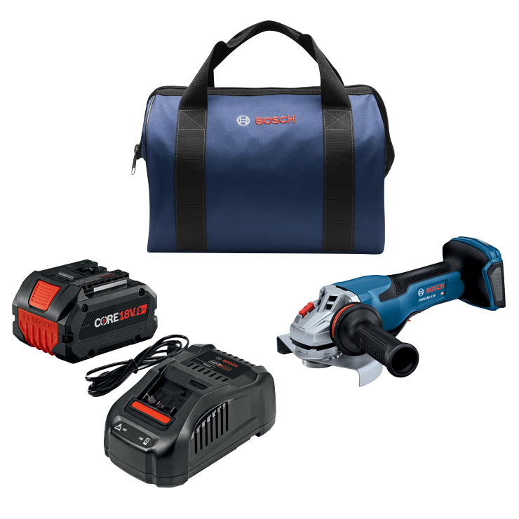 Bosch GWS18V-13P meuleuse angulaire sans fil, chargeur, batterie CORE18V 8.0 Ah et sacoche.