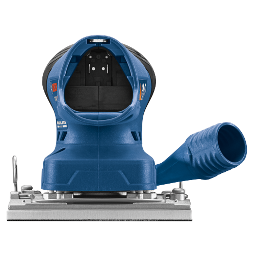Ponceuse orbitale Bosch, avec texte "BRUSHLESS MOTOR", bleue et noire.