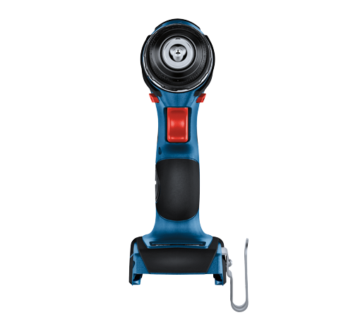 Perceuse sans fil Bosch, avec des accents bleus et noirs et un bouton rouge.