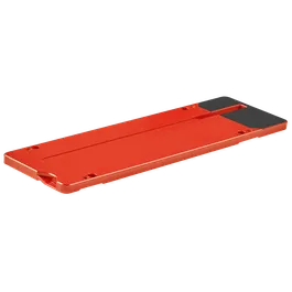 Outil rectangulaire orange avec deux patins noirs.