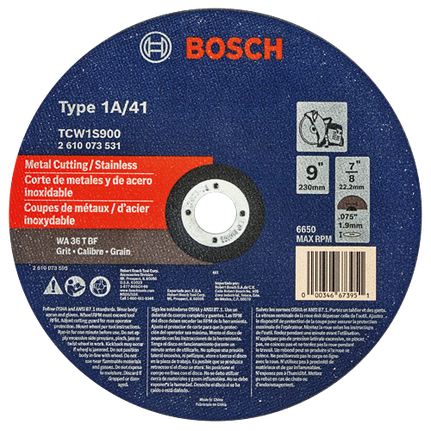 Disque abrasif pour tronçonnage de métal type 1A/41 de 9 po x 0,075 po avec grain 36 pour arbre de 7/8 po