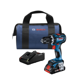 Perceuse sans fil Bosch GSB18V-800C HD, batterie CORE1, chargeur et sac bleu.