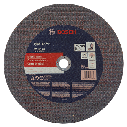 Disque abrasif pour tronçonnage de métal type 1A/41 de 14 po x 0,125 po pour arbre de 1 po CW1S1400