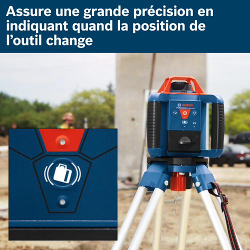 Garantit la précision en indiquant les changements de position de l'outil. Nivelleuse Bosch Professional GRL1000-20HVK sur trépied avec partie supérieure rouge et base bleue avec marquages rouges et blancs, et un encart séparé avec une icône blanche sur fond bleu.