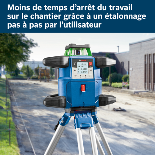 Niveleur Bosch avec indications "X-7.20%" et "Y-6.15%", logo "BOSCH" et texte "Moins d'arrêts de chantier grâce à l'étalonnage utilisateur étape par étape".