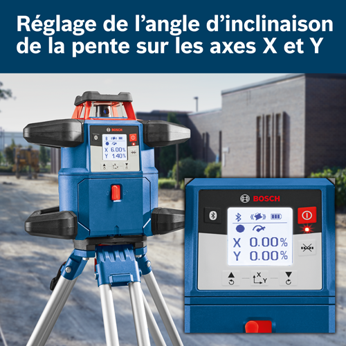 Niveau Bosch avec affichages X 6,00 %, Y 1,40 % et X 0,00 %, Y 0,00 %, et le texte "Réglage de l'angle d'inclinaison sur les axes X et Y."