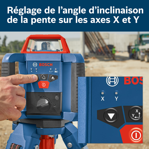 Niveau Bosch avec texte « Réglage de l'angle d'inclinaison sur les axes X et Y », boutons avec indicateurs X et Y, et bouton marche/arrêt.
