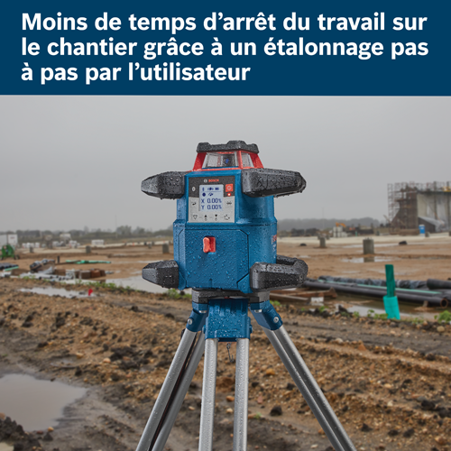 Niveleur Bosch sur trépied avec texte "Moins d'arrêts de travail sur le chantier grâce à l'étalonnage utilisateur étape par étape". L'écran affiche X 0,00 %, Y 0,00 %.