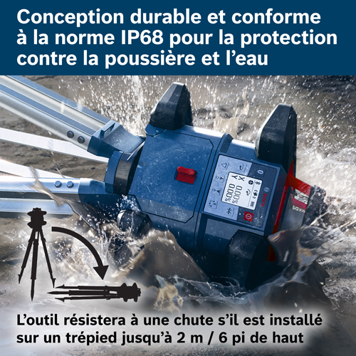 Conception durable et indice de protection IP68 contre la poussière et l'eau. Résiste à un basculement de trépied de 2 m.