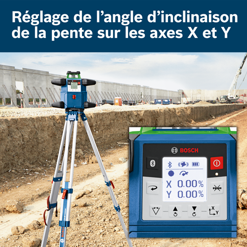 Niveau Bosch avec "Réglage de l'angle d'inclinaison sur les axes X et Y", affiche X 0,00 %, Y 0,00 % et un bouton d'alimentation.