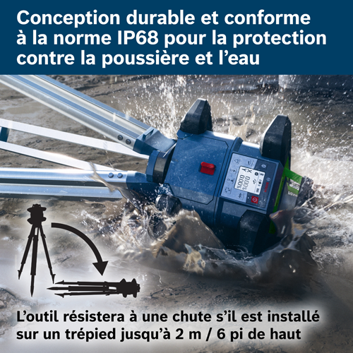 Conception durable et indice de protection IP68 contre la poussière et l'eau. Résiste à un basculement de trépied de 2 m.