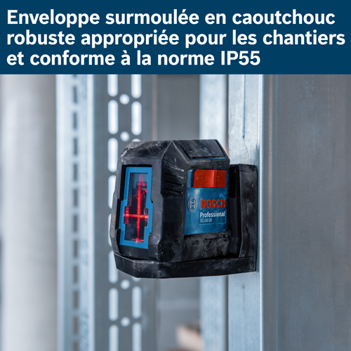 Bosch Professional GLL 50-20 G, boîtier surmoulé en caoutchouc résistant aux chantiers et indice de protection IP55.