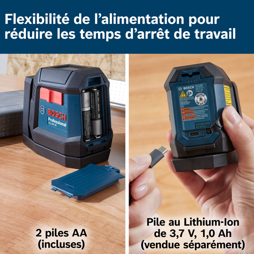 Niveau laser professionnel Bosch GLL50-20G, avec 2 piles AA incluses et une batterie Lithium-Ion 3,7 V 1,0 Ah (vendue séparément).