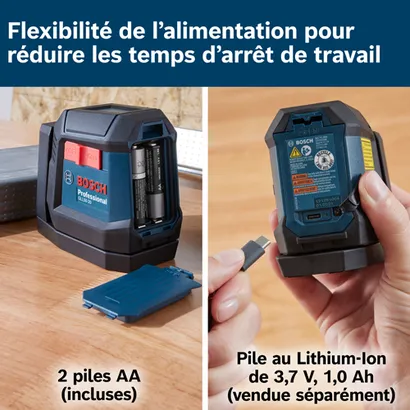Niveau laser professionnel Bosch GLL50-20G, avec 2 piles AA incluses et une batterie Lithium-Ion 3,7 V 1,0 Ah (vendue séparément).