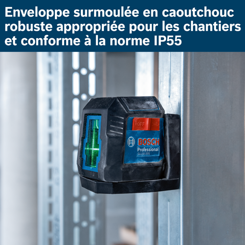 Bosch Professional GLL 50-20 G, boîtier surmoulé en caoutchouc résistant aux chantiers et indice de protection IP55.