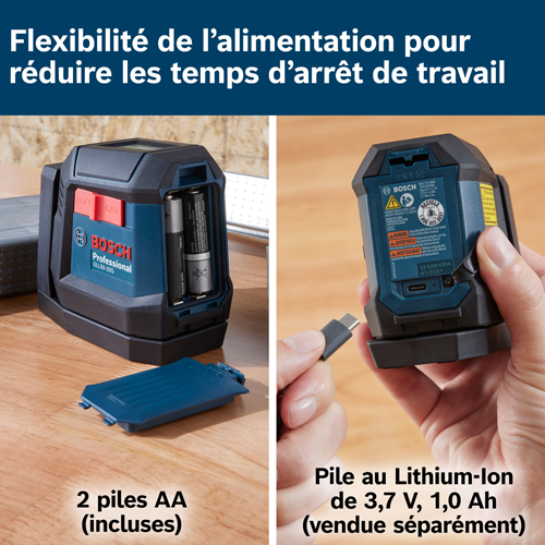 Niveau laser professionnel Bosch GLL50-20G, avec 2 piles AA incluses et une batterie Lithium-Ion 3,7 V 1,0 Ah (vendue séparément).