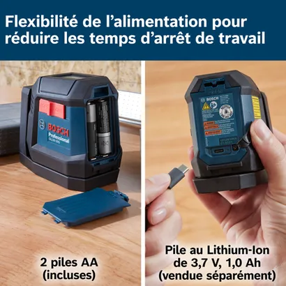 Niveau laser professionnel Bosch GLL50-20G, avec 2 piles AA incluses et une batterie Lithium-Ion 3,7 V 1,0 Ah (vendue séparément).