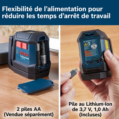 Niveau laser professionnel Bosch GLL50-20G, avec 2 piles AA incluses et une batterie Lithium-Ion 3,7 V 1,0 Ah (vendue séparément).