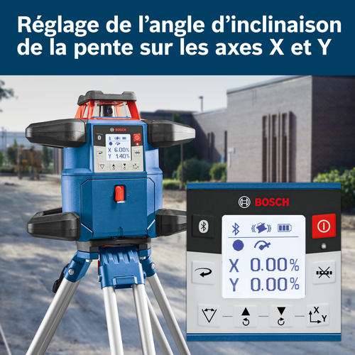 Niveau Bosch avec "Réglage de l'angle d'inclinaison sur les axes X et Y", avec les valeurs X 6,00 %, Y 1,40 % et X 0,00 %, Y 0,00 %.