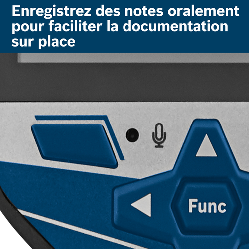Enregistrez des notes vocales pour une documentation facile sur site, avec une icône de microphone, des boutons directionnels et le bouton "Func".