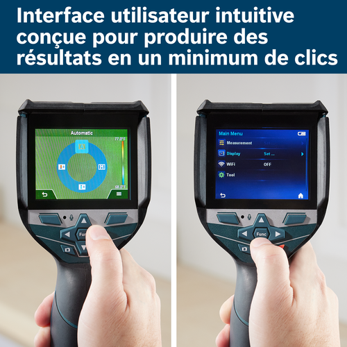 Interface utilisateur intuitive pour des résultats en un minimum de clics. Deux mains tenant ce qui semble être une caméra thermique, affichant des écrans avec différents paramètres, notamment "Automatique", "Menu principal", "Affichage" et "WiFi".