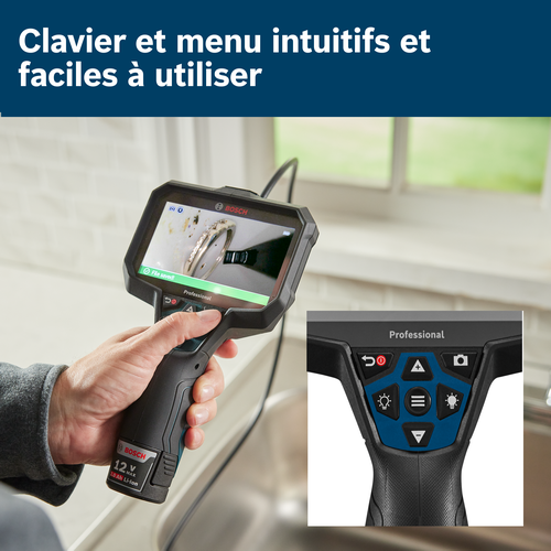 Caméra d'inspection Bosch 12 V MAX 2.0 Ah Li-Ion Professional tenue par une personne.
