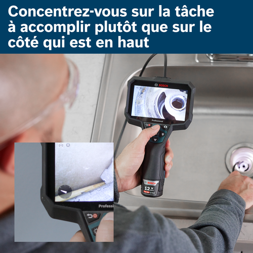 Caméra d'inspection Bosch 12 V 2.0 Ah Li-Ion Professional, affichant un siphon de lavabo métallique et une vue incrustée, avec le texte "Concentrez-vous sur la tâche à accomplir plutôt que sur le sens".
