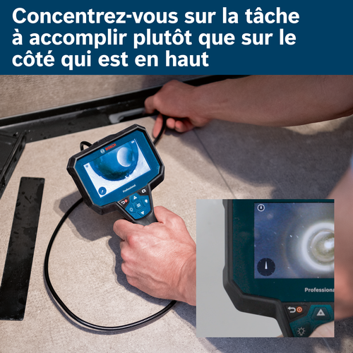 Caméra d'inspection Bosch Professional avec écran affichant une vue, tenue par une personne.