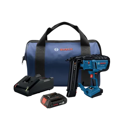 Ensemble cloueur Bosch GNH18V-18M, comprenant un sac bleu avec le logo Bosch, un chargeur et une batterie.