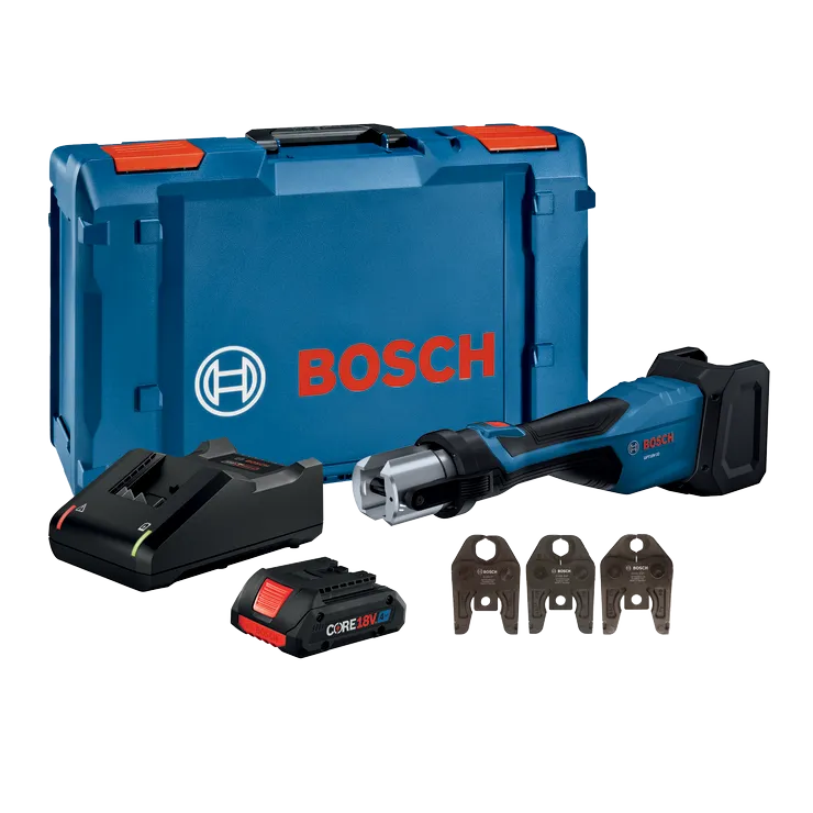 Kit d'outils Bosch GPT18V-32 avec chargeur, batterie CORE18V et matrices CUSS 1", 3/4", 1/2", en coffret.