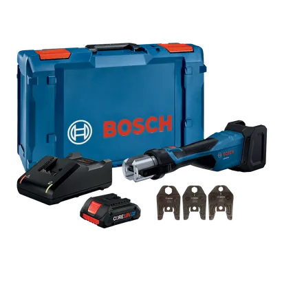 Kit d'outils Bosch GPT18V-32 avec chargeur, batterie CORE18V et matrices CUSS 1", 3/4", 1/2", en coffret.
