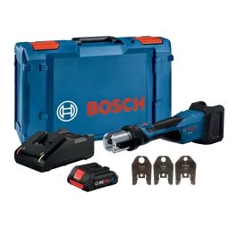 Kit d'outils Bosch GPT18V-32 avec chargeur, batterie CORE18V et matrices CUSS 1", 3/4", 1/2", en coffret.