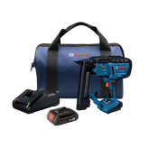 Ensemble cloueur Bosch GTH18V-18M, comprenant une batterie 18V 2Ah, un chargeur et un sac bleu.