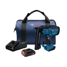 Ensemble cloueur Bosch GTH18V-18M, comprenant une batterie 18V 2Ah, un chargeur et un sac bleu.